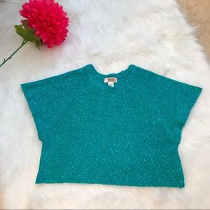 Route 66 sparkly sequins crop top sweater w/unique sleeve size 7/8 Teal